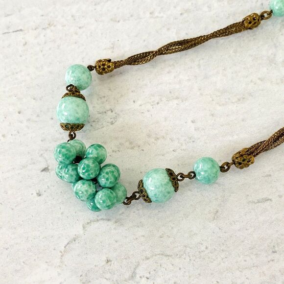 VTG Art Deco Czech Peking Jade Long Flapper Necklace Bead Cluster Stations 35"Lg - Picture 3 of 11